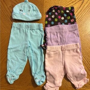 Lot of 4 Carter's Newborn Pants. Pink, Lavender, Aqua, Brown